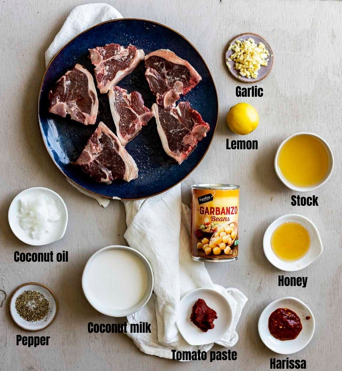 Ingredients to make Instant Pot lamb chops arranged individually and labelled.