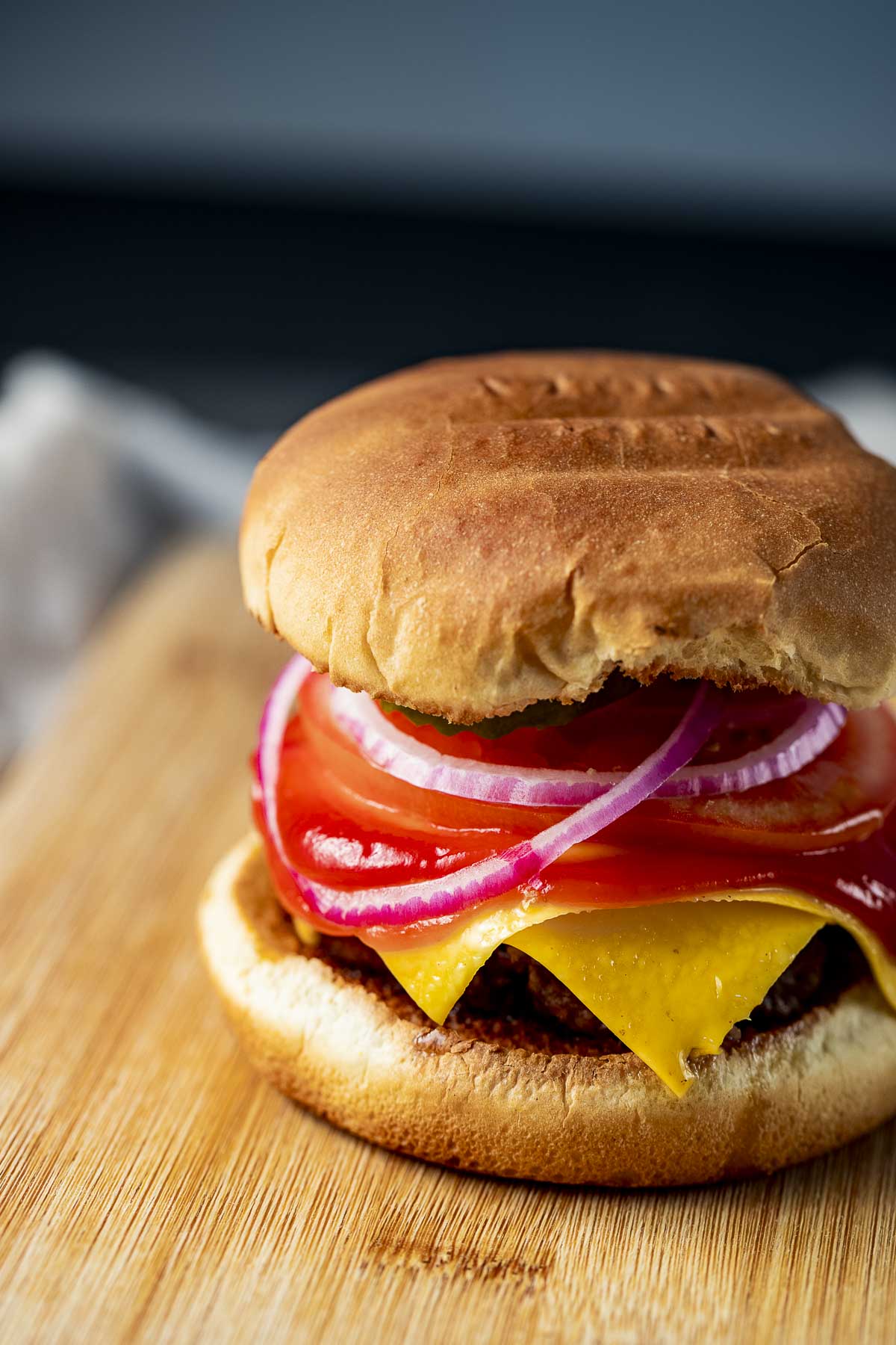 Side view of a hamburger with cheese, tomato and red onion on top.