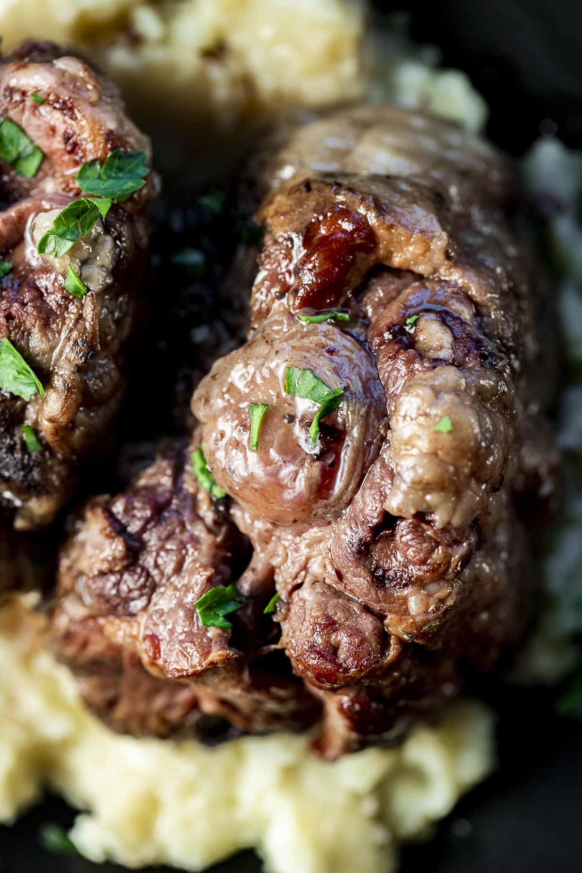 Close up view of a cooked oxtail.
