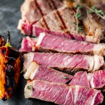 Medium-rare ribeye steak cut into slices.