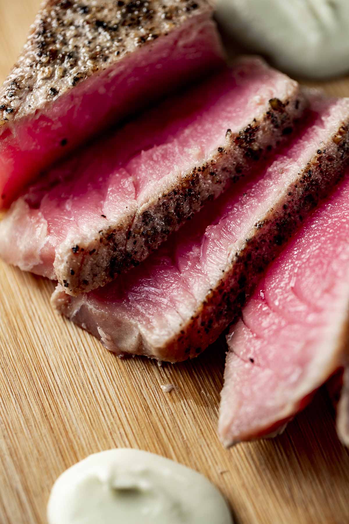 Close up view of slices of sous vide tuna.