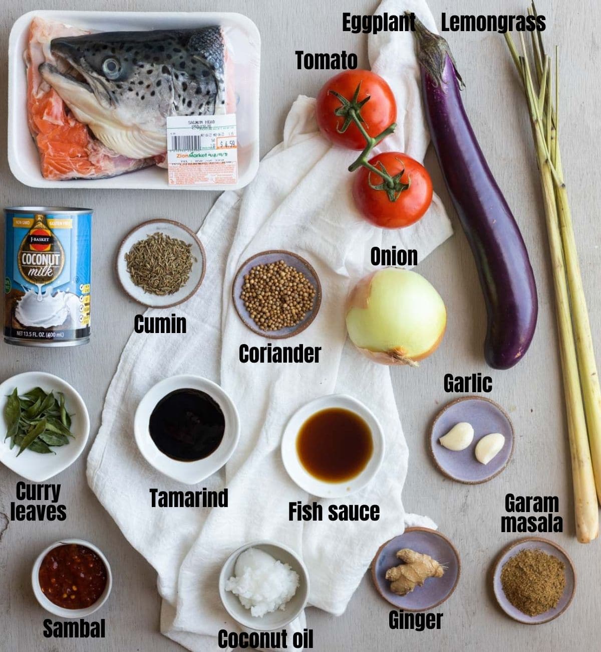 Ingredients to make fish head curry arranged individually and labelled.
