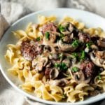 Beef cheeks and mushroom gravy served over egg noodles.