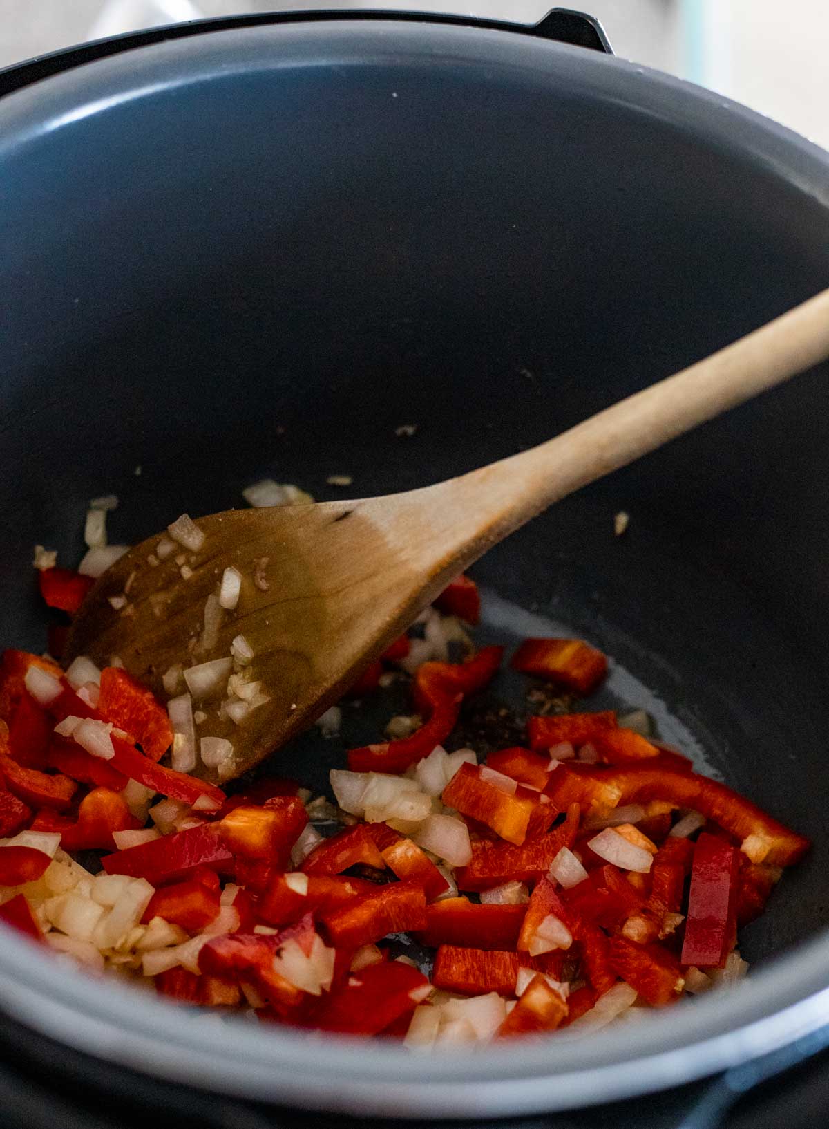 Red pepper, onions and garlic sautéing in the Instant Pot.