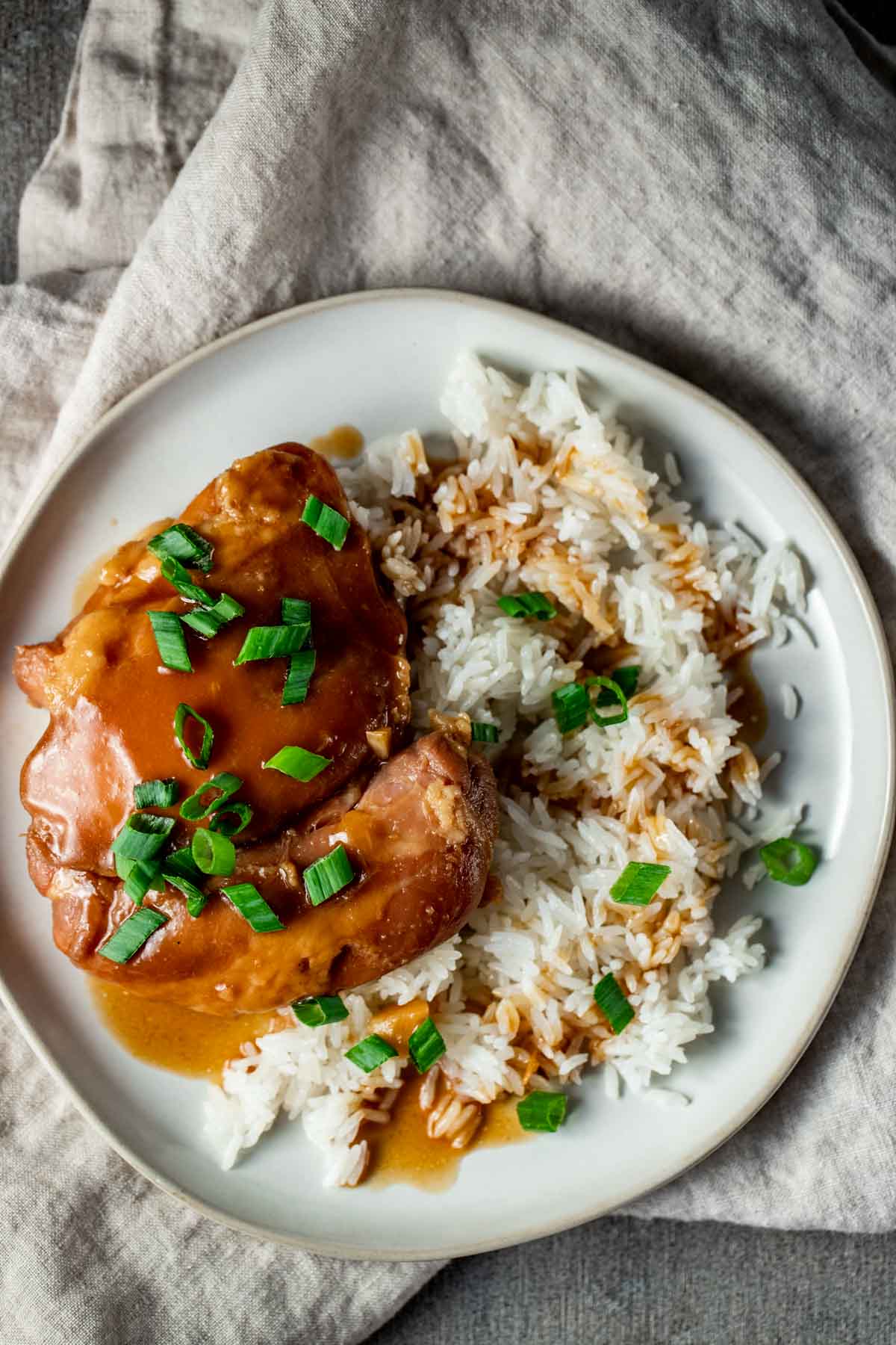 Overhead view of a sous vide teriyaki chicken thigh on a plate with rice.