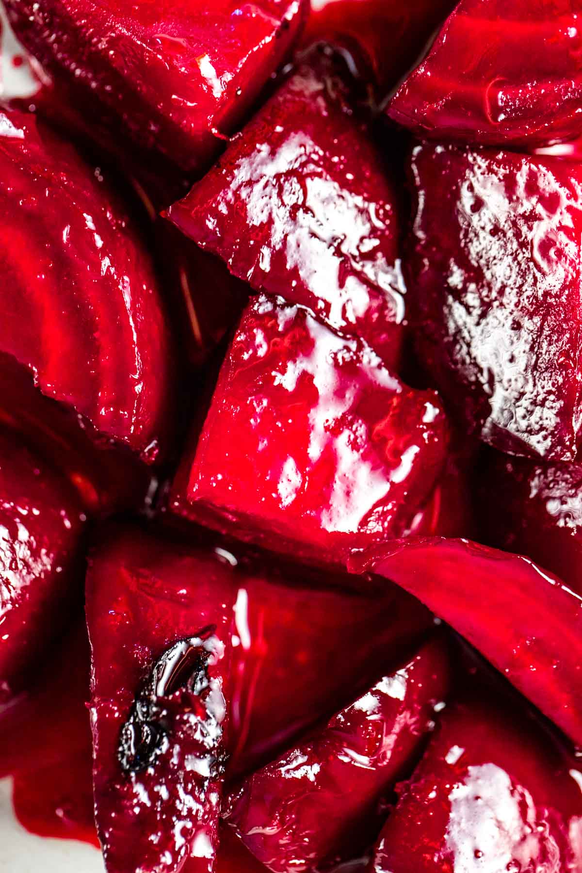 Close up view of candied beets.