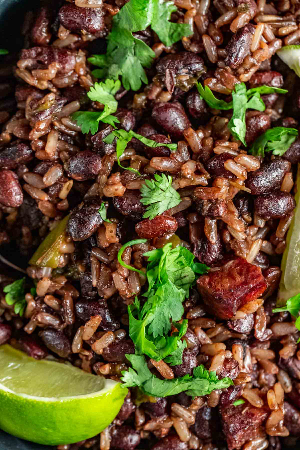 Close up view of black beans and rice.