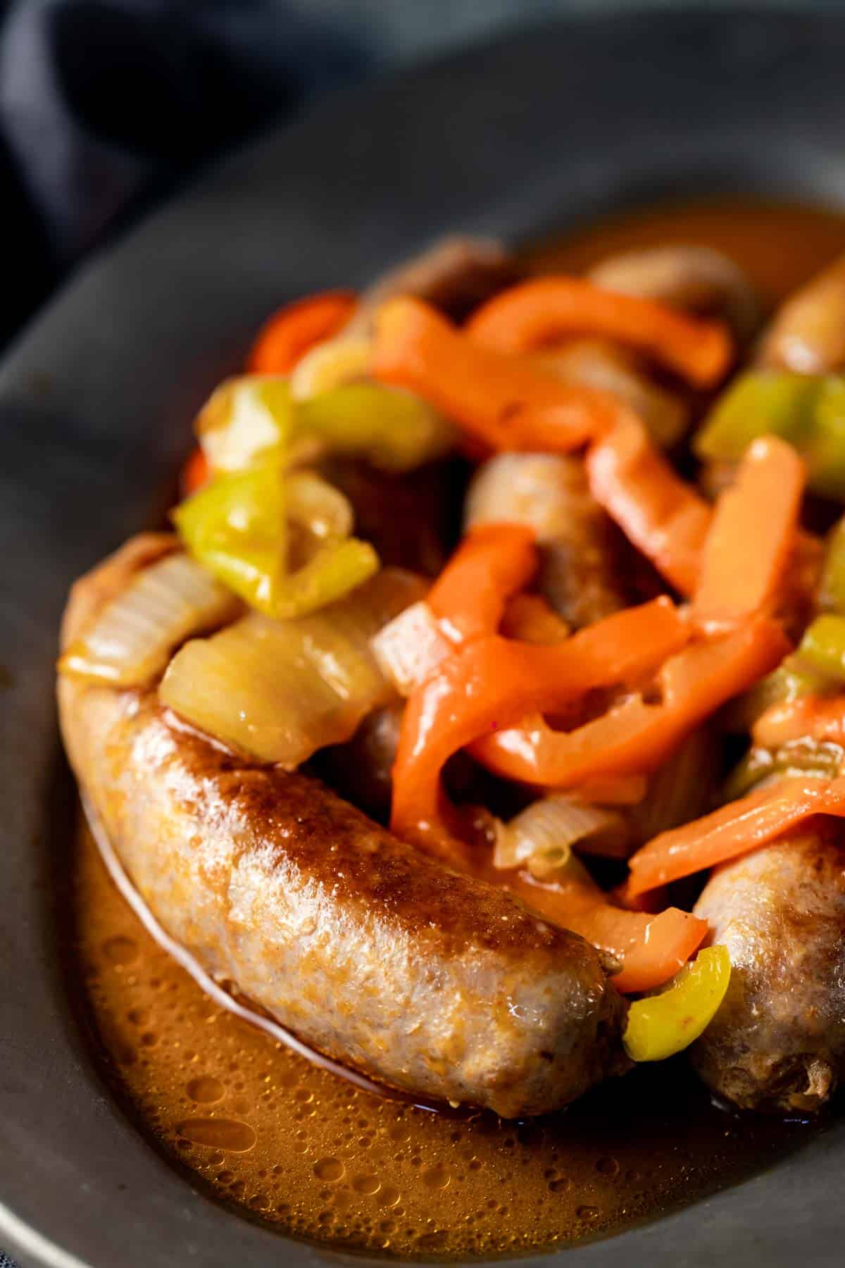Close up view of Instant Pot sausage with peppers and onions.
