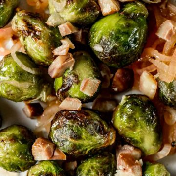 Close up view of air fryer frozen Brussels sprouts.
