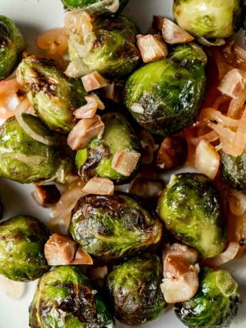 Close up view of air fryer frozen Brussels sprouts.