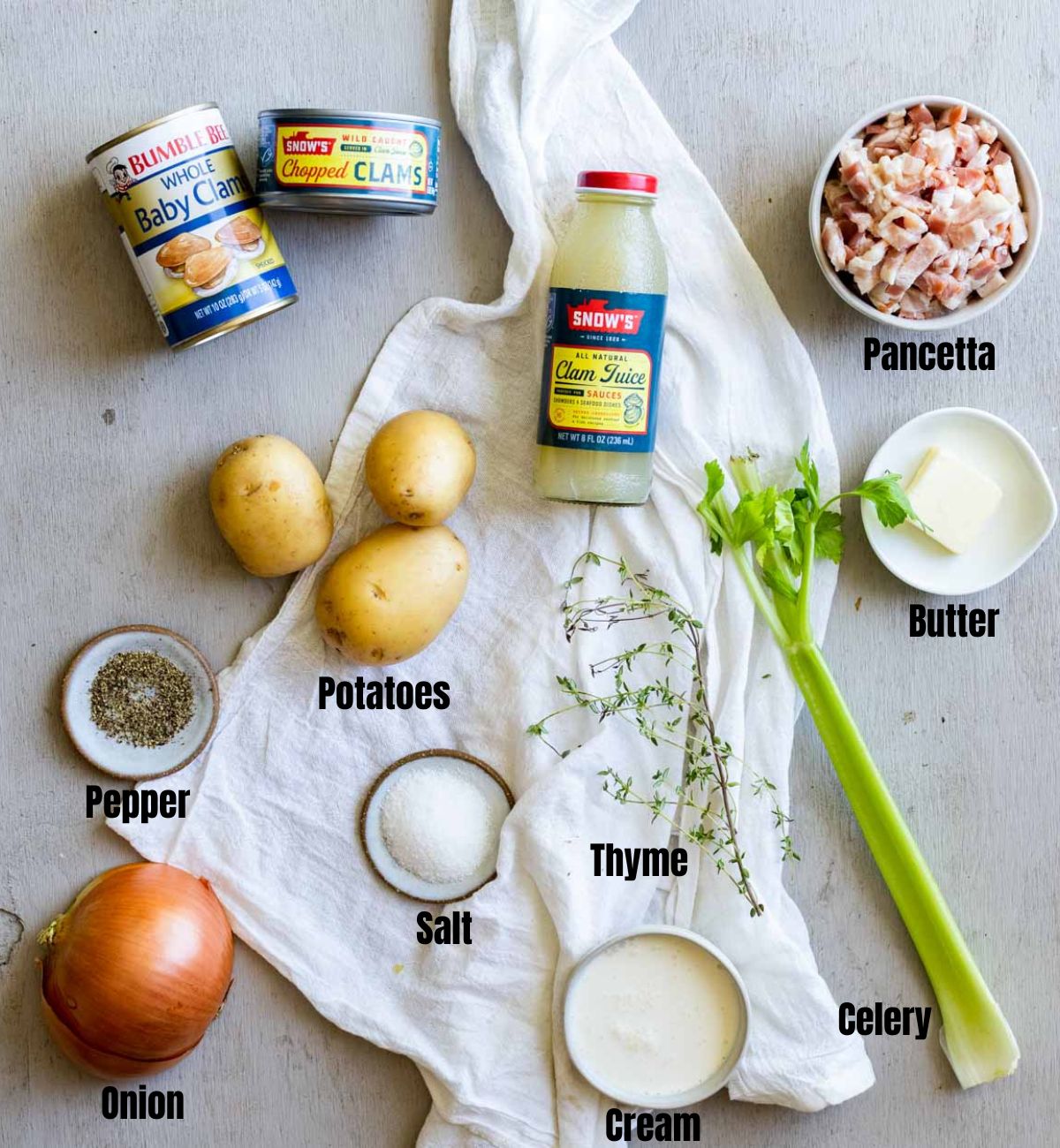 Ingredients to make Instant Pot clam chowder arranged individually and labelled.