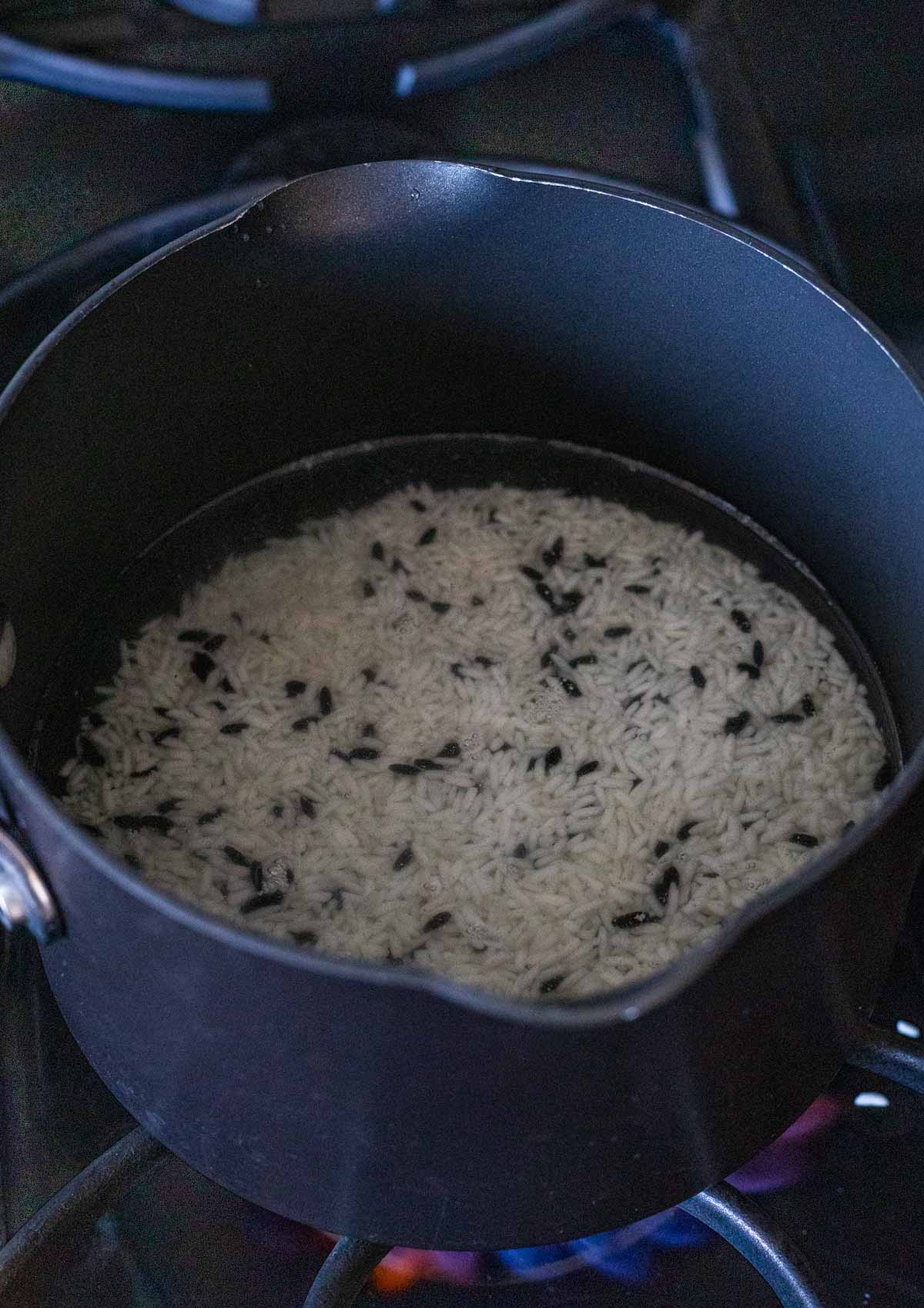 Rice cooking in a pot on the stovetop.