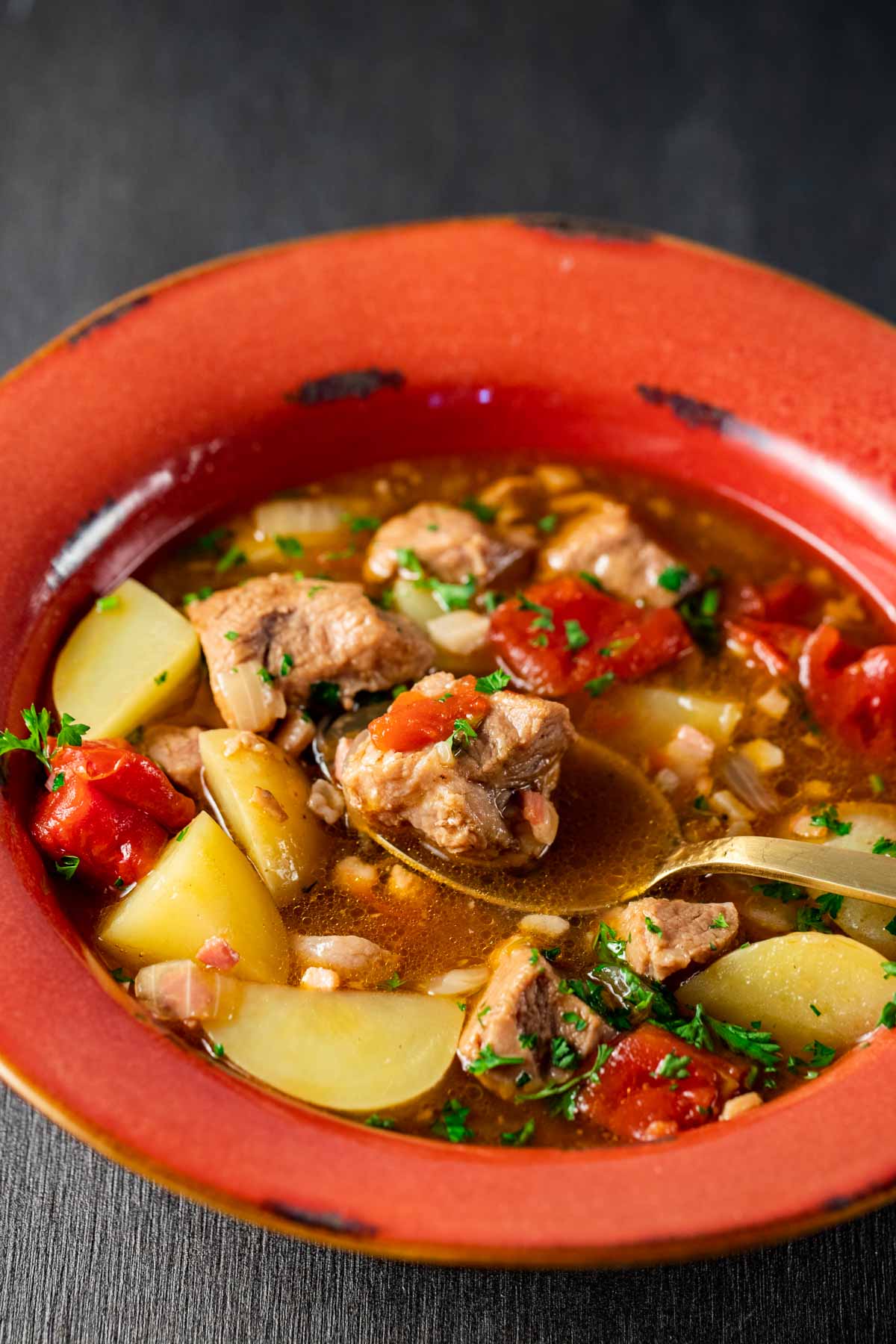 Side view of a bowl of veal stew with a spoon lifting some out.