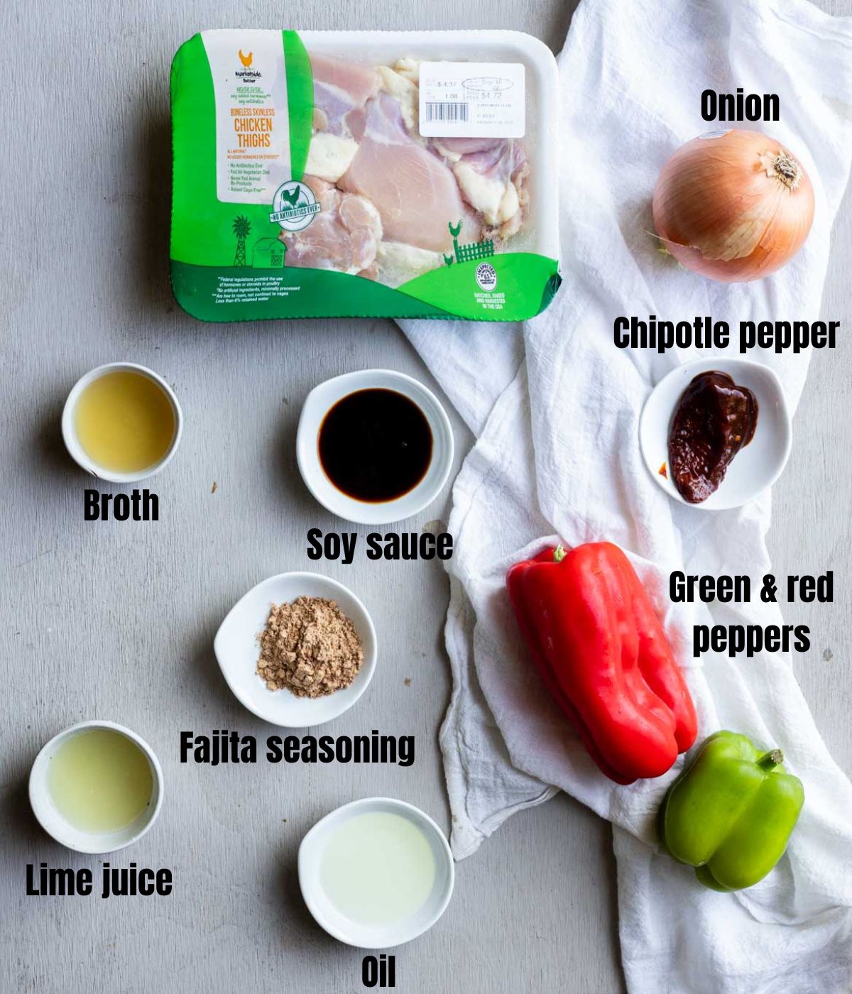 Ingredients to make Instant Pot chicken fajitas arranged individually and labelled.
