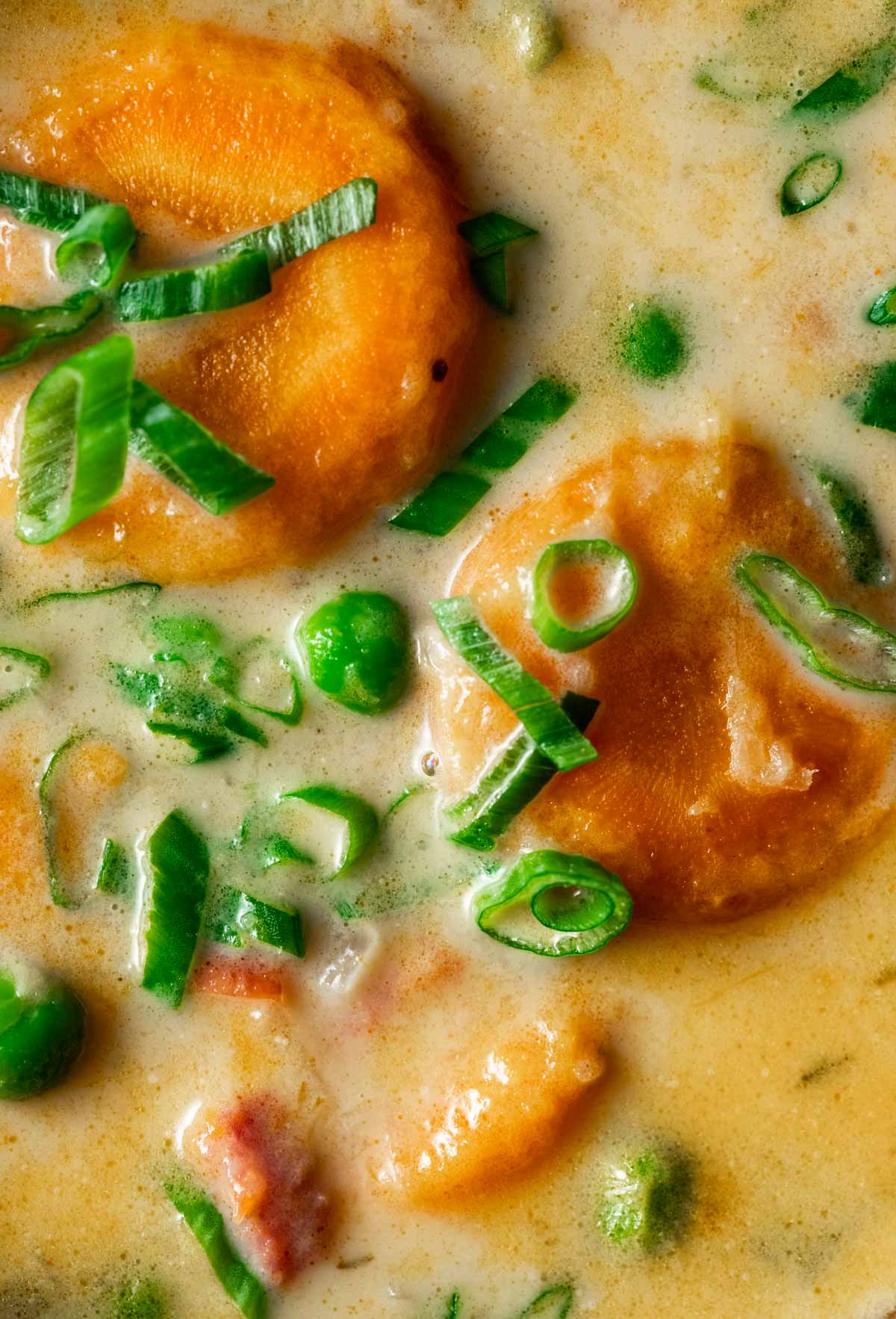 Close up view of creamy potato soup with carrots and peas showing on the surface and green onion on top.