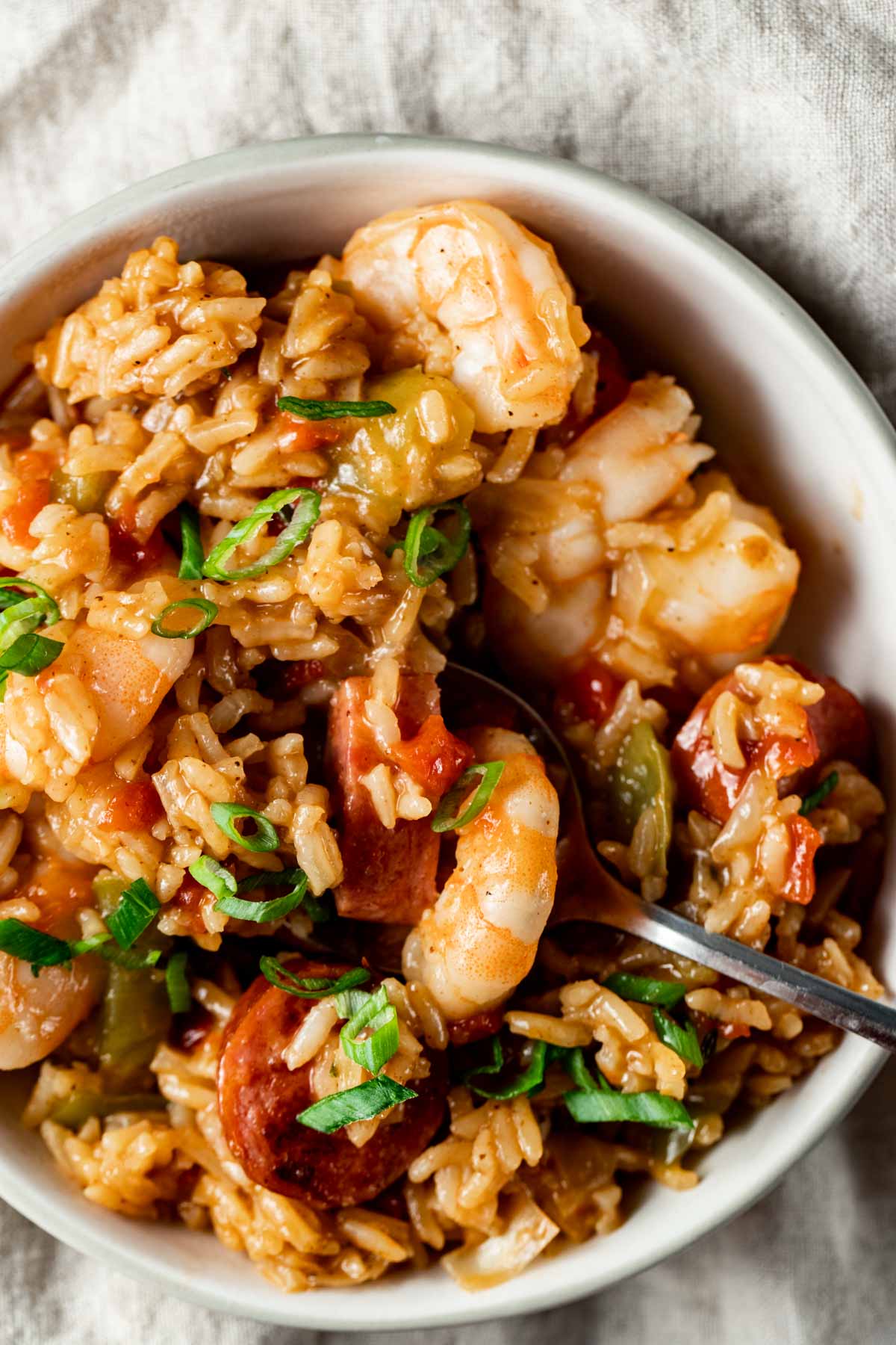 Close up view of jambalaya in a bowl with a spoon.