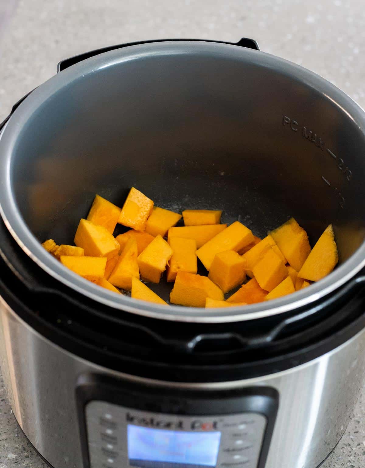Raw pumpkin cubes in the Instant Pot insert.