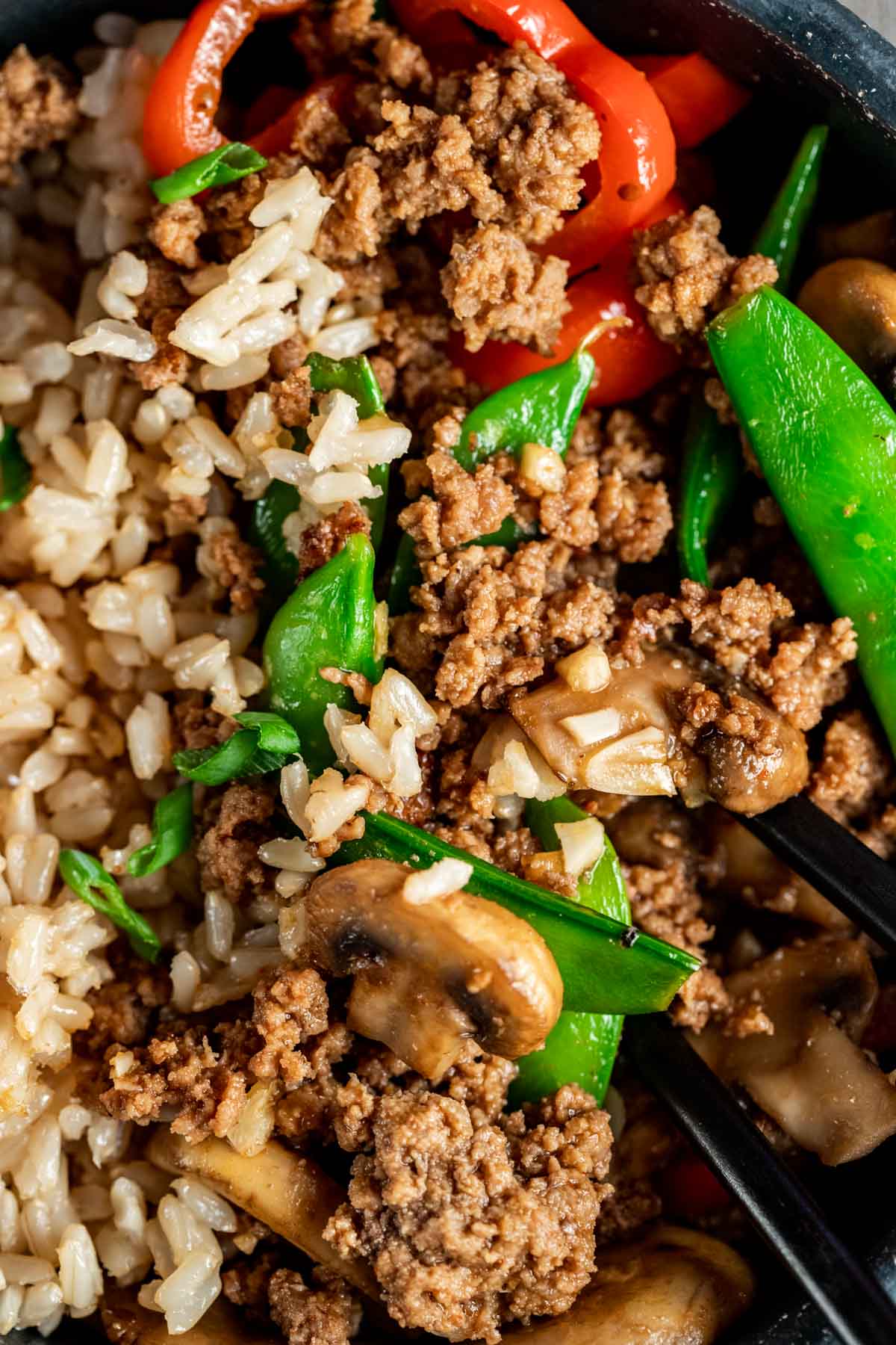 Close up view of stir fry ground beef.