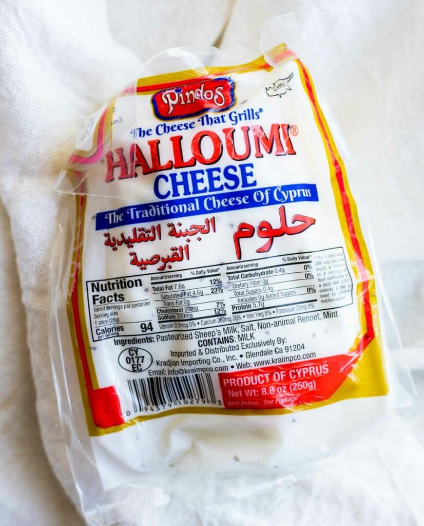 Close up view of a package of Halloumi cheese.