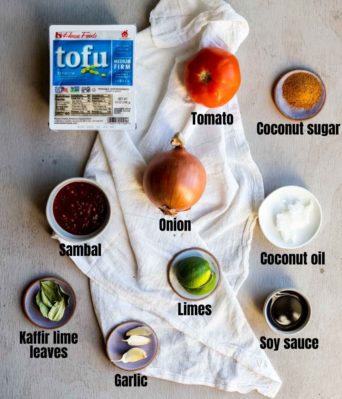ingredients for Sambal Tofu laid out