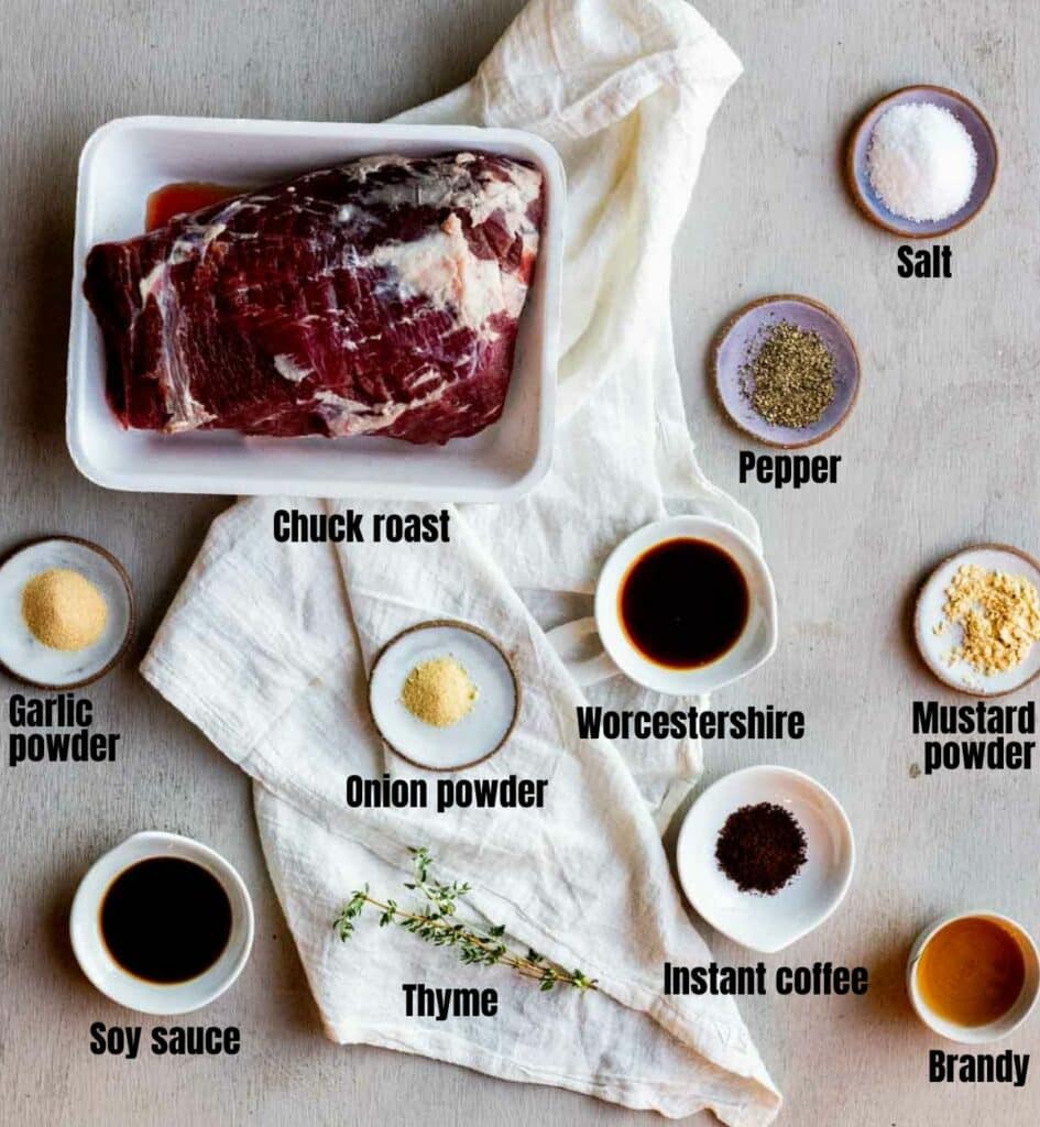 ingredients for sous vide roast beef all laid out on a white towel