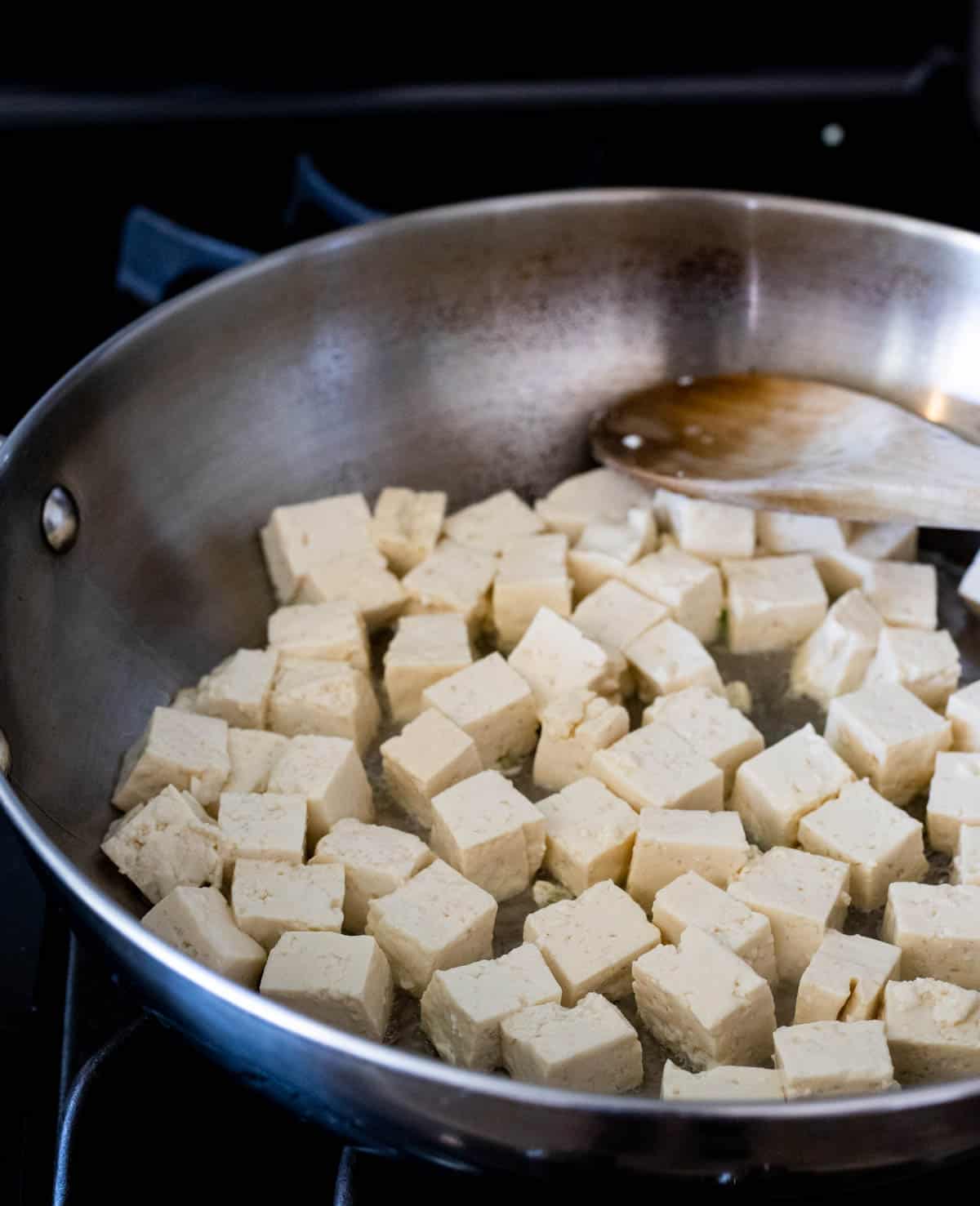 view of tofu in a frying pan