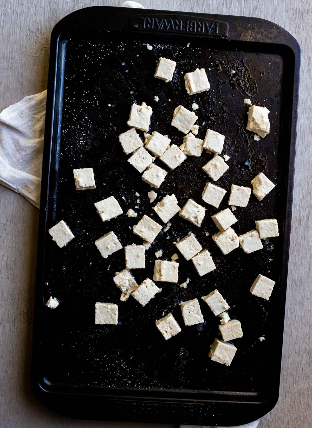 view of tofu on a baking sheet