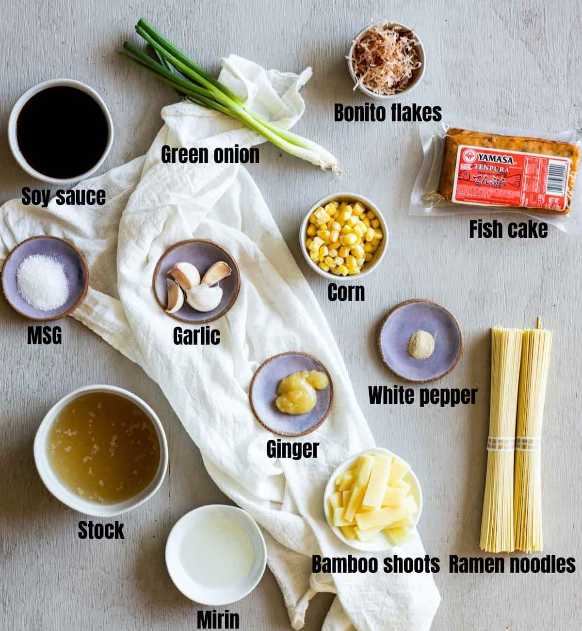 ingredients for shoyu ramen on a board