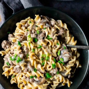 creamy noodles and beef in a bowl with a spoon