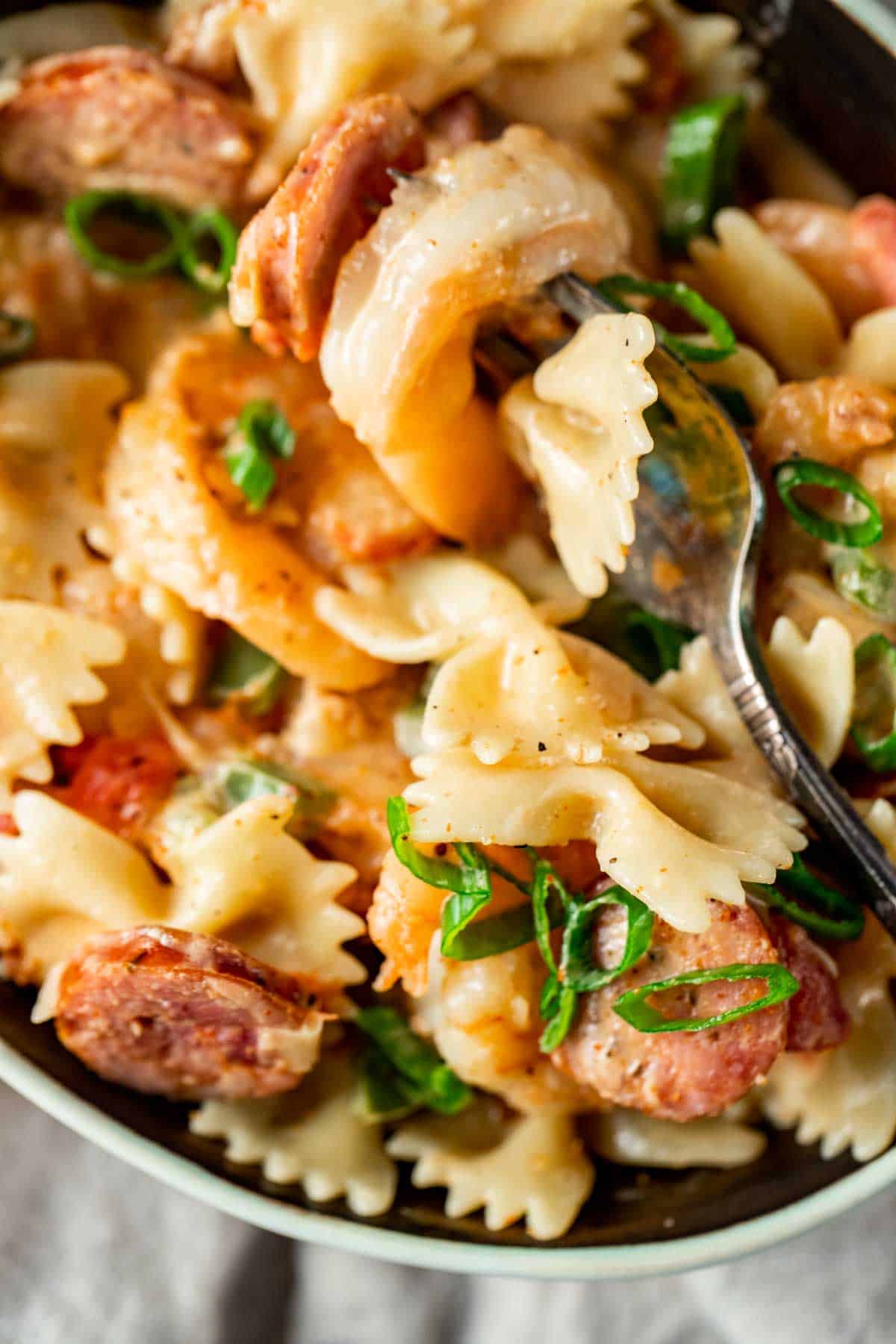 pasta with shrimp and sausage in a cream sauce