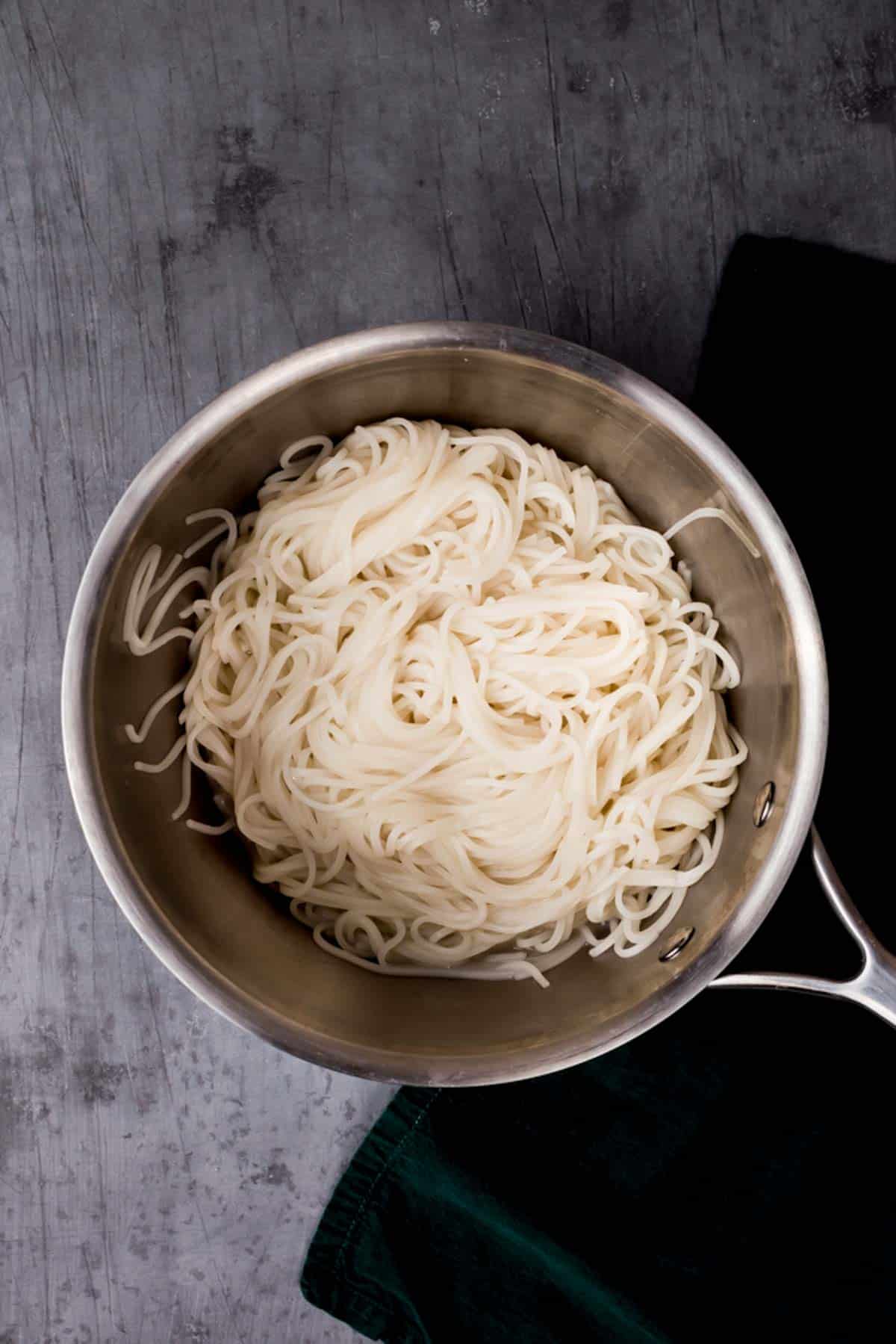 cooked noodles in a pot