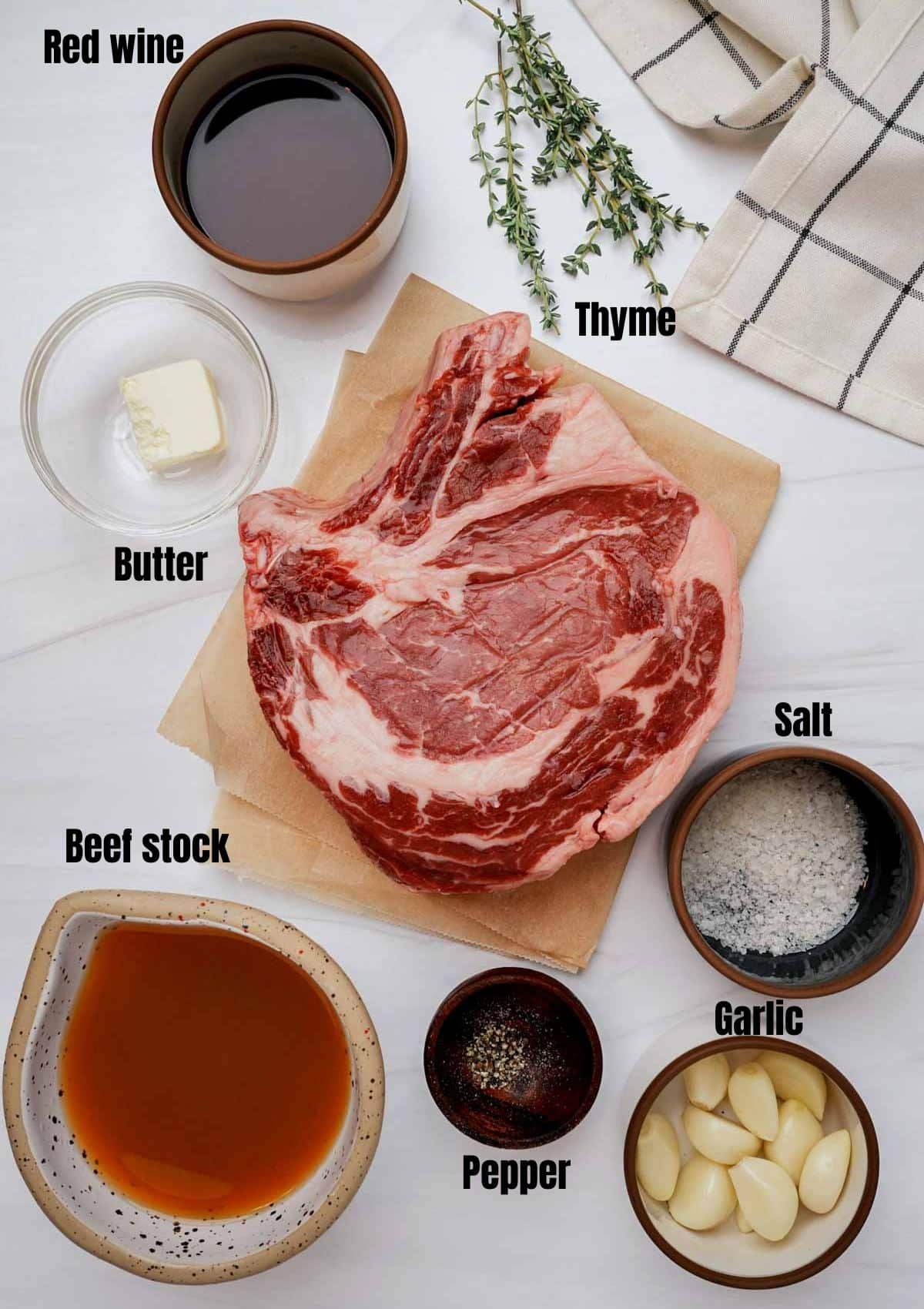 ingredients for prime rib on a light background with text overlay