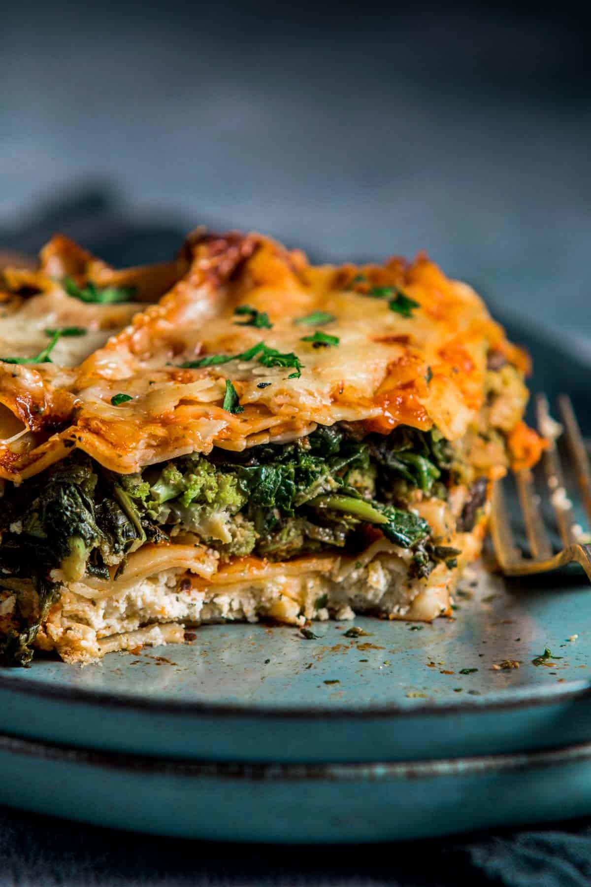 lasagna filled with green vegetables and topped with red sauce