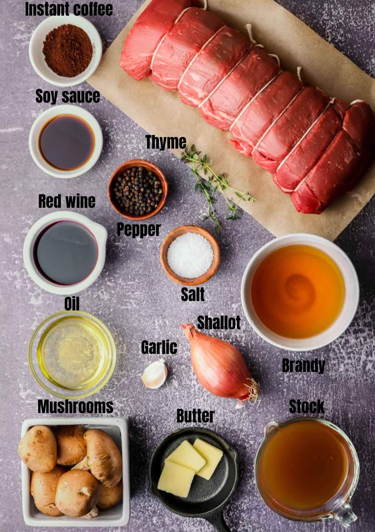 ingredients for sous vide beef tenderloin on a board