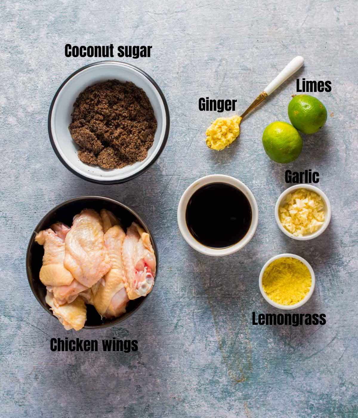ingredients for vietnamese chicken wings on a grey board