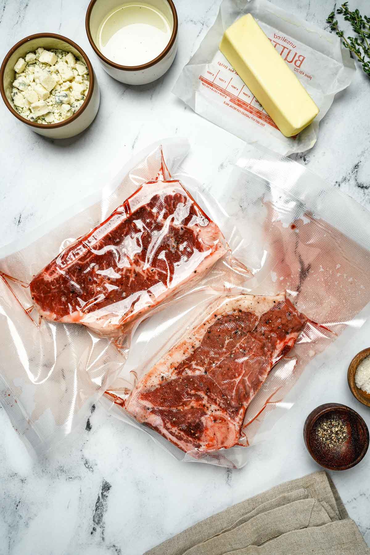 2 strip steaks in vacuum seal bags