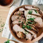 chunks of pork in a bowl with the green onions