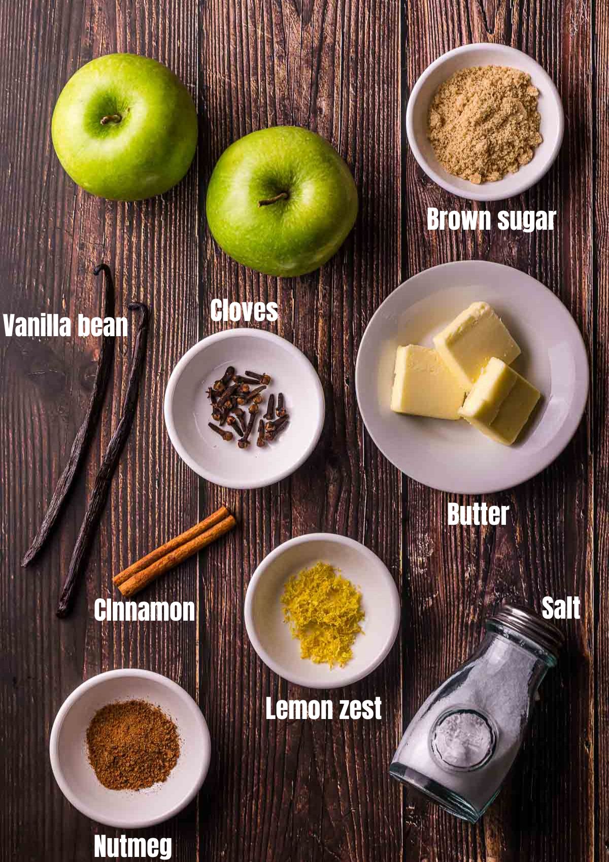 ingredients for sous vide apples on a wood board