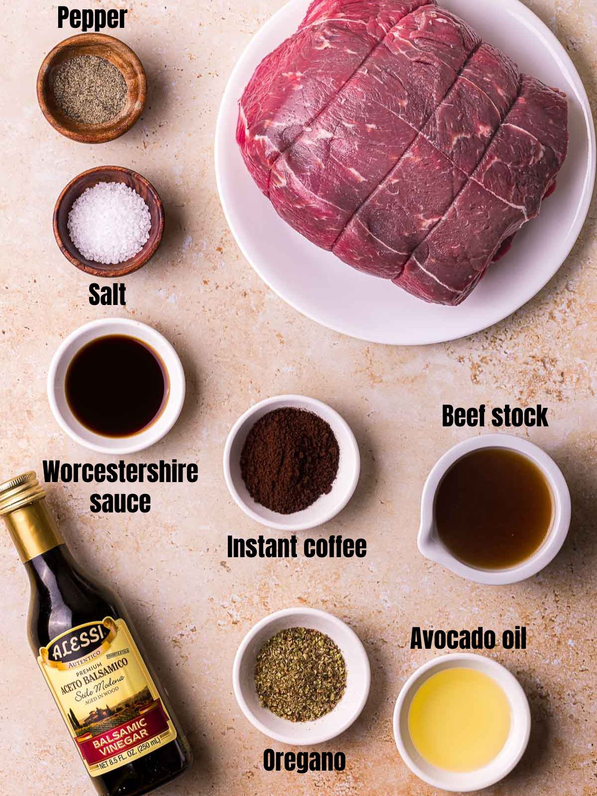 ingredients for sous vide sirloin tip roast on a brown board