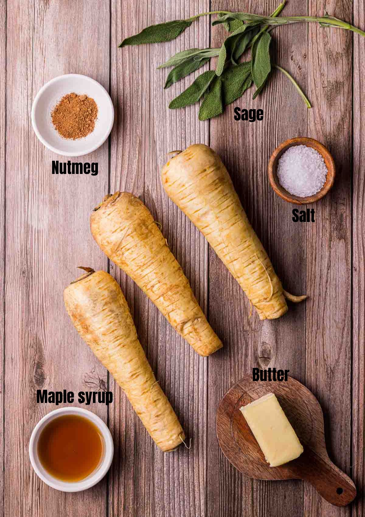 ingredients for sous vide parsnips on a light wood board