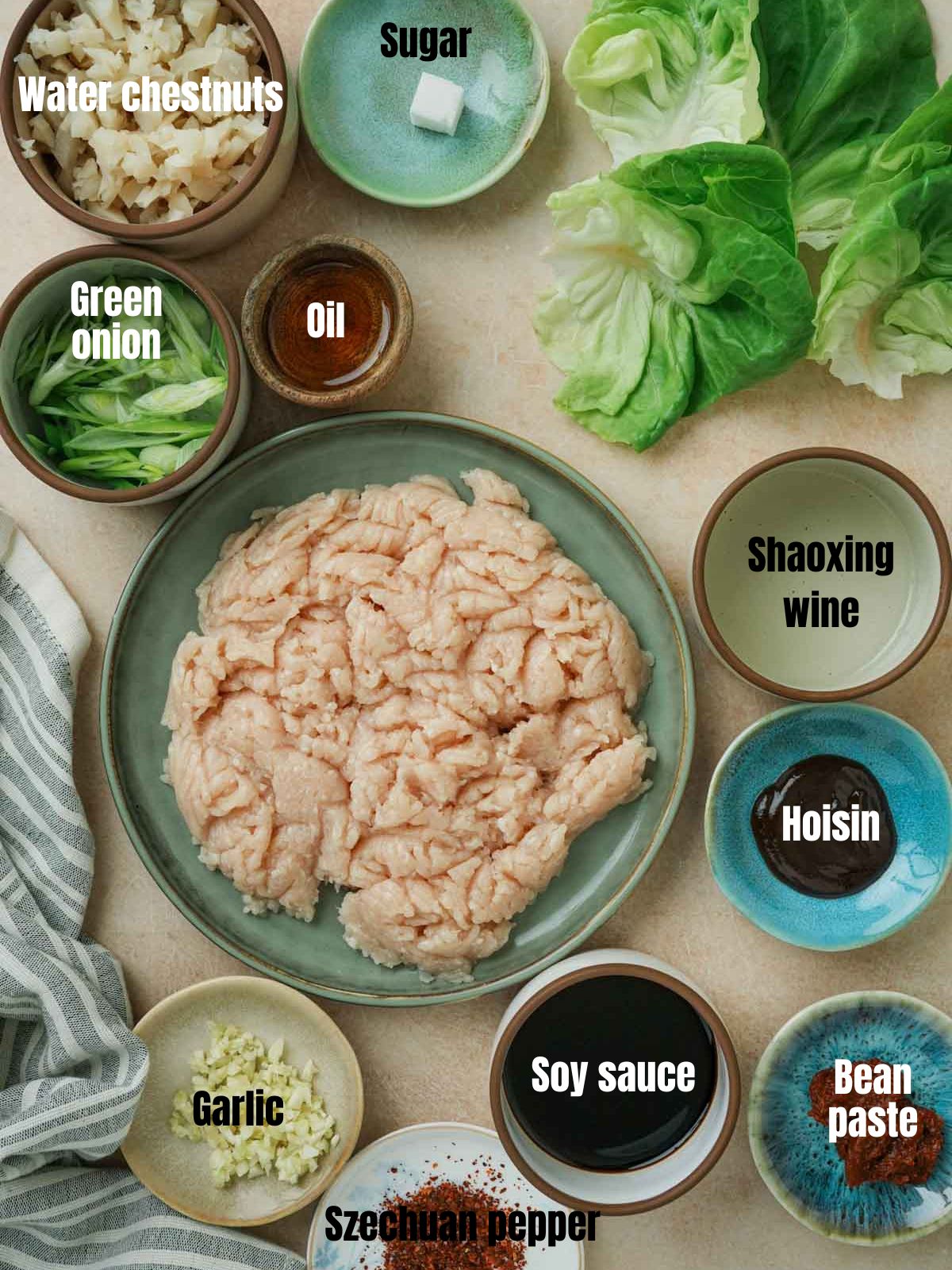ingredients for szechuan chicken lettuce wraps in bowls