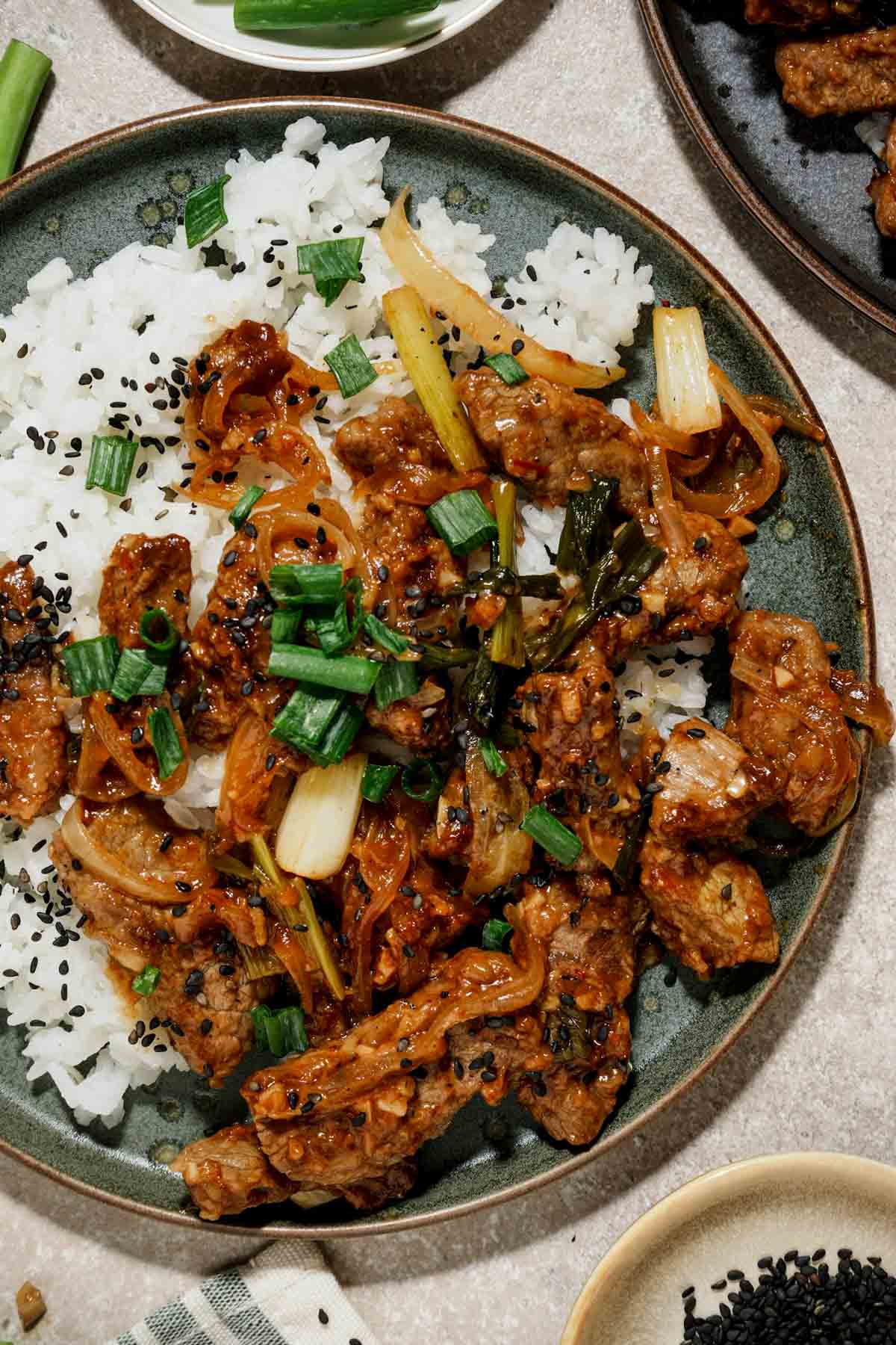 cooked lamb pieces with green onions over white rice