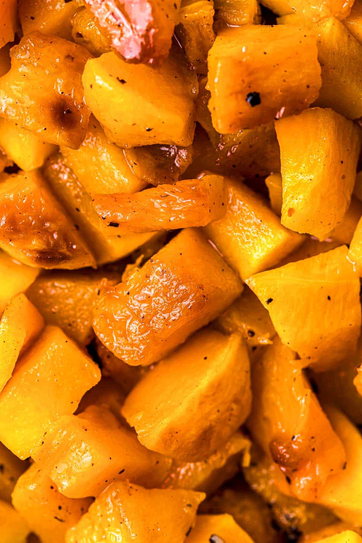cubes of cooked butternut squash close up