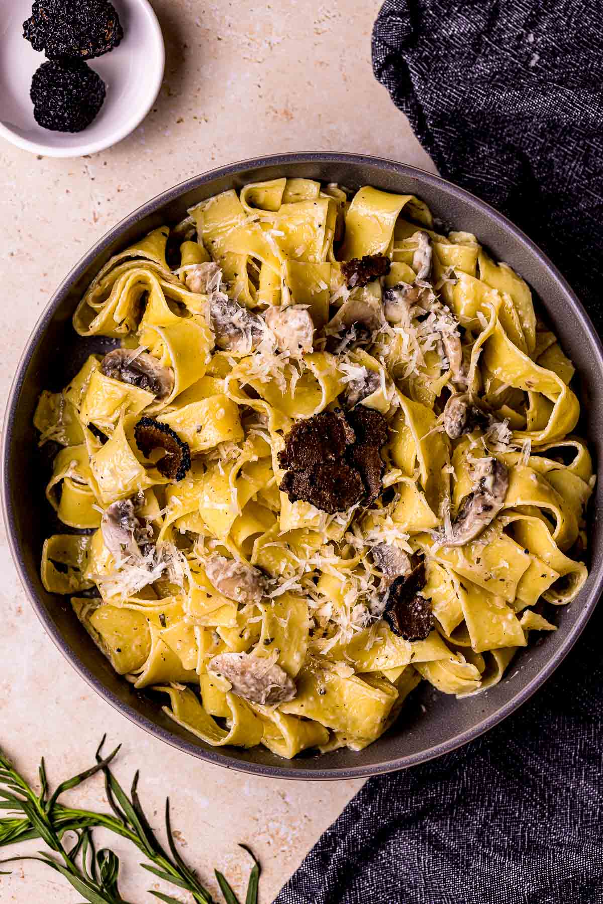 a dish of creamy pasta with black truffles shaved on tp