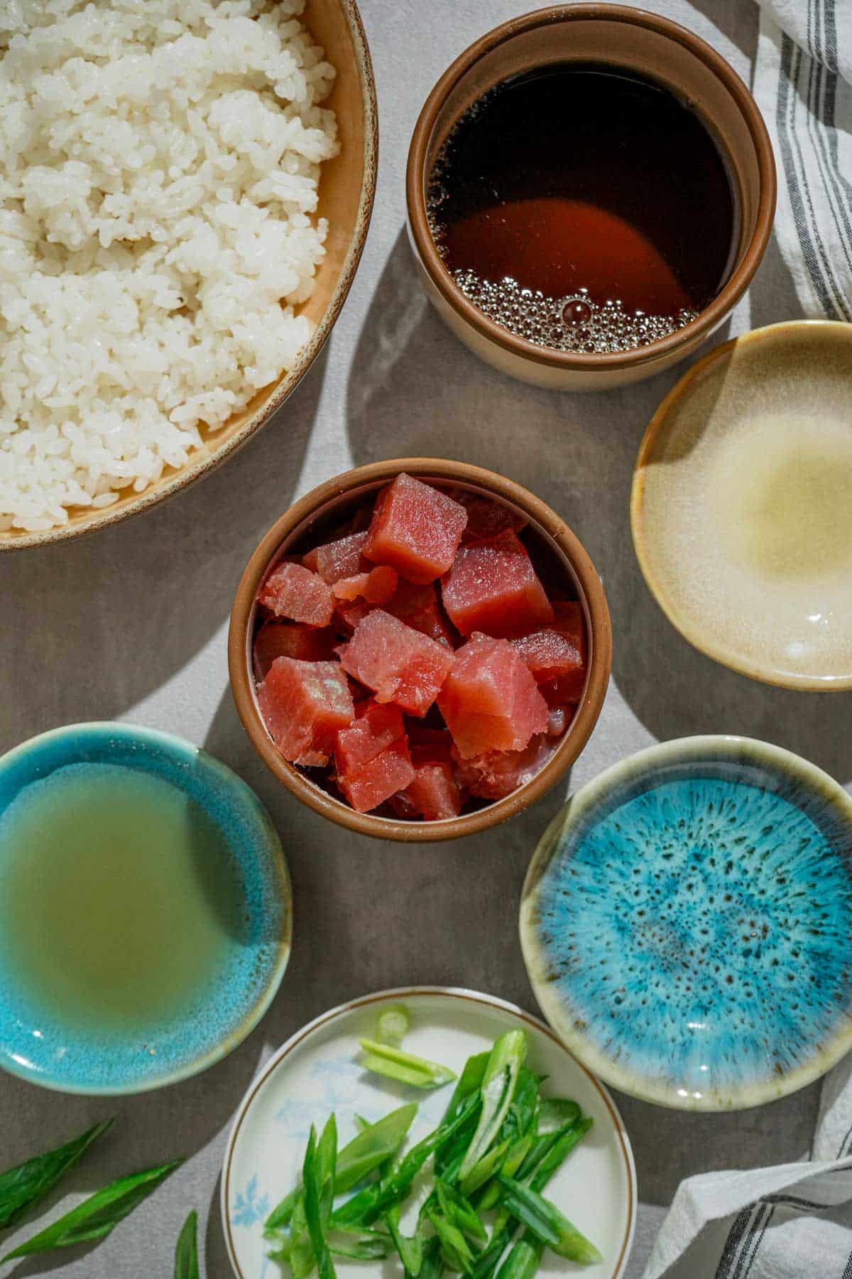 ingredients for maguro zuke-don on a grey board