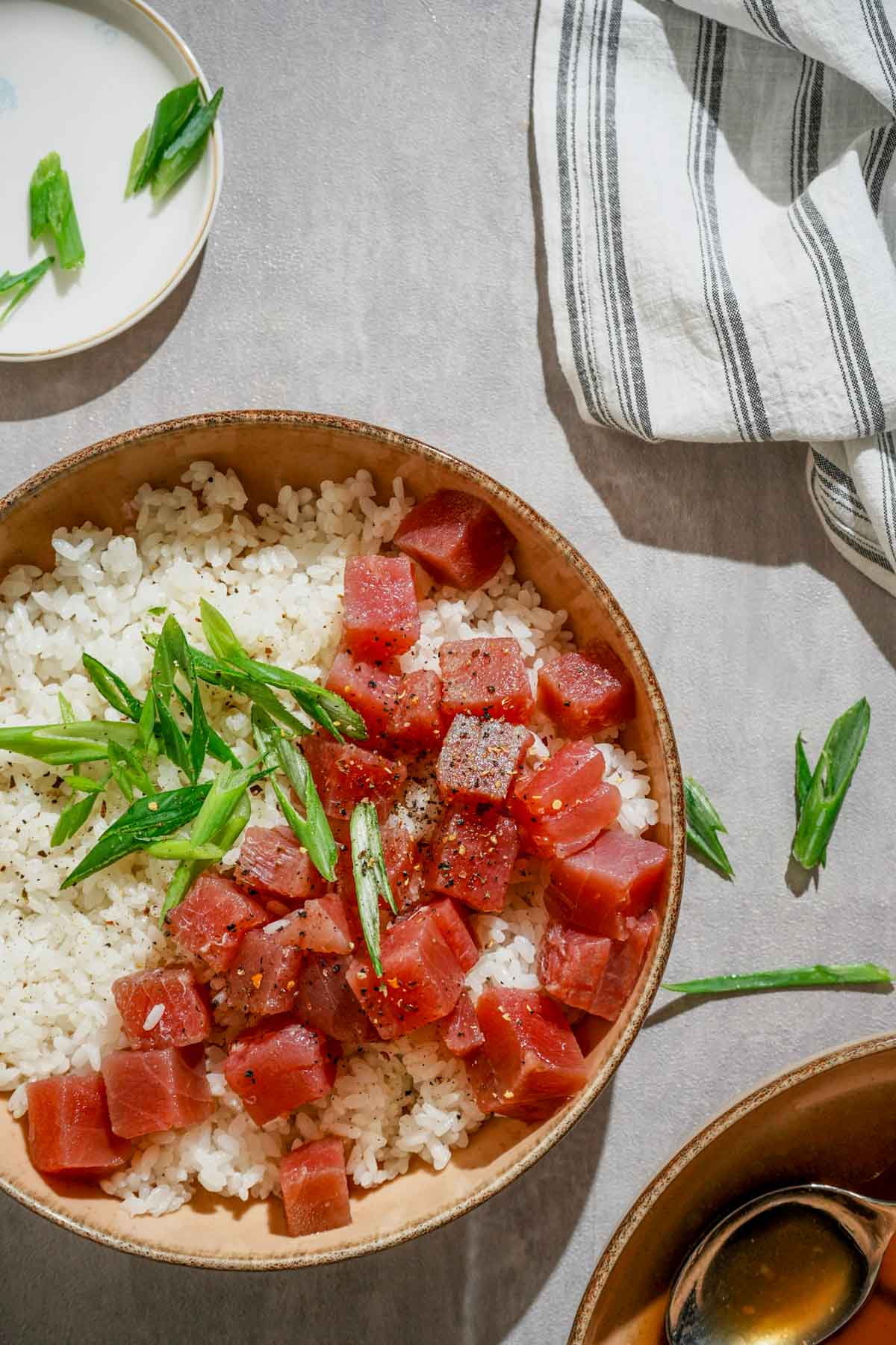 pieces of raw tuna over rice with green onions