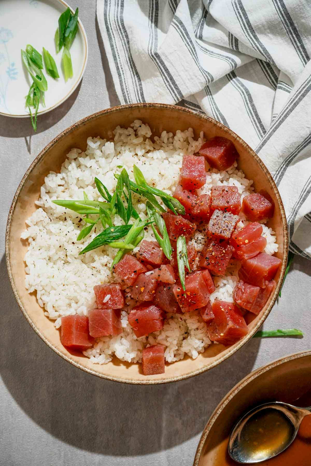 a bowl of raw tuna over rice with green onions