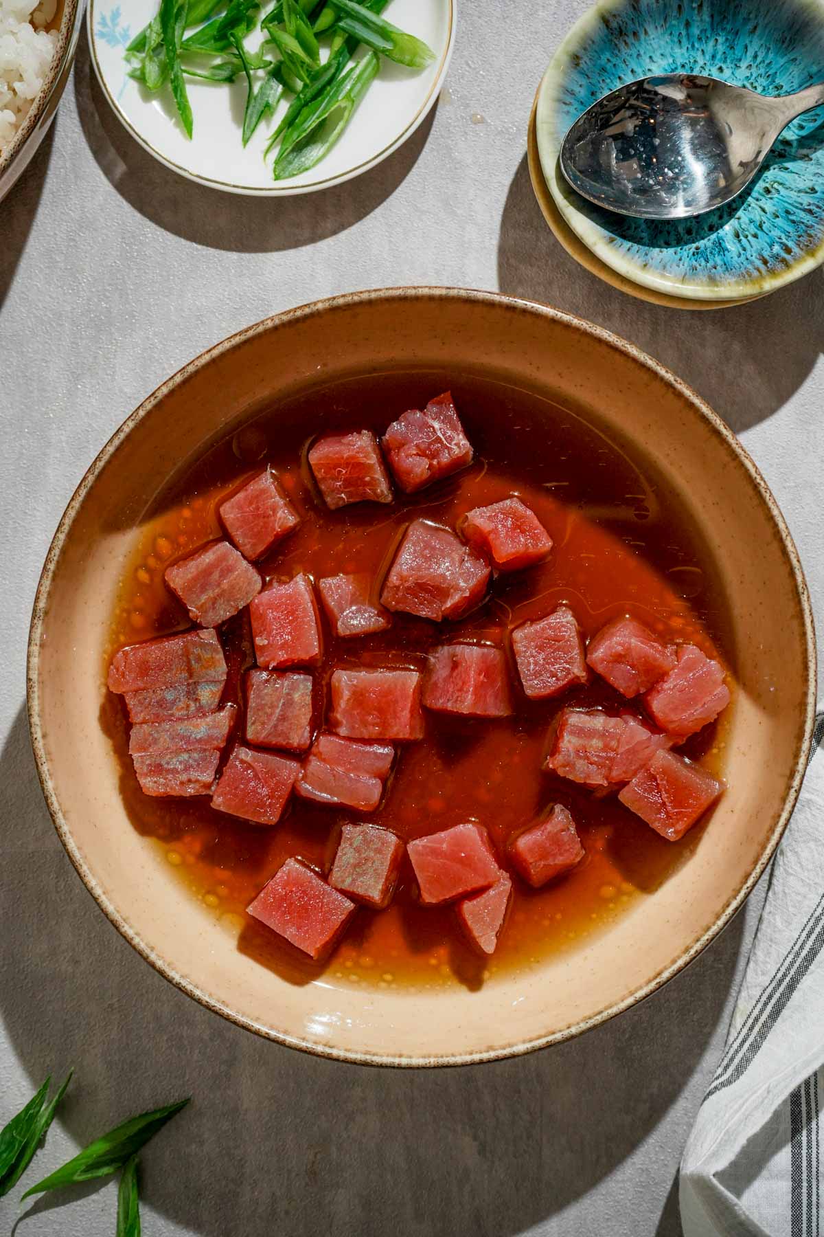 pices of raw tuna in a brown marinade