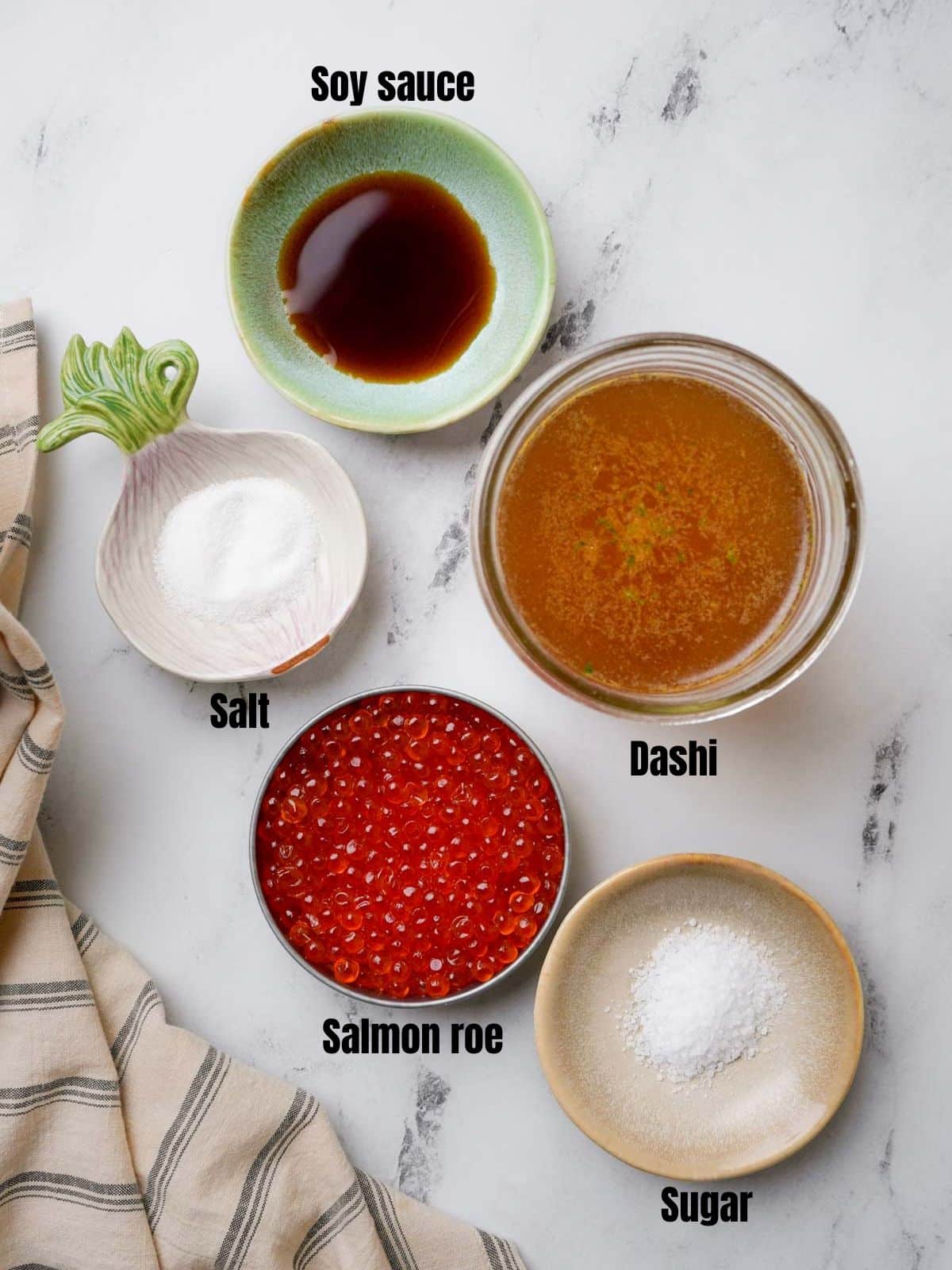ingredients for ikura on a white background in bowls