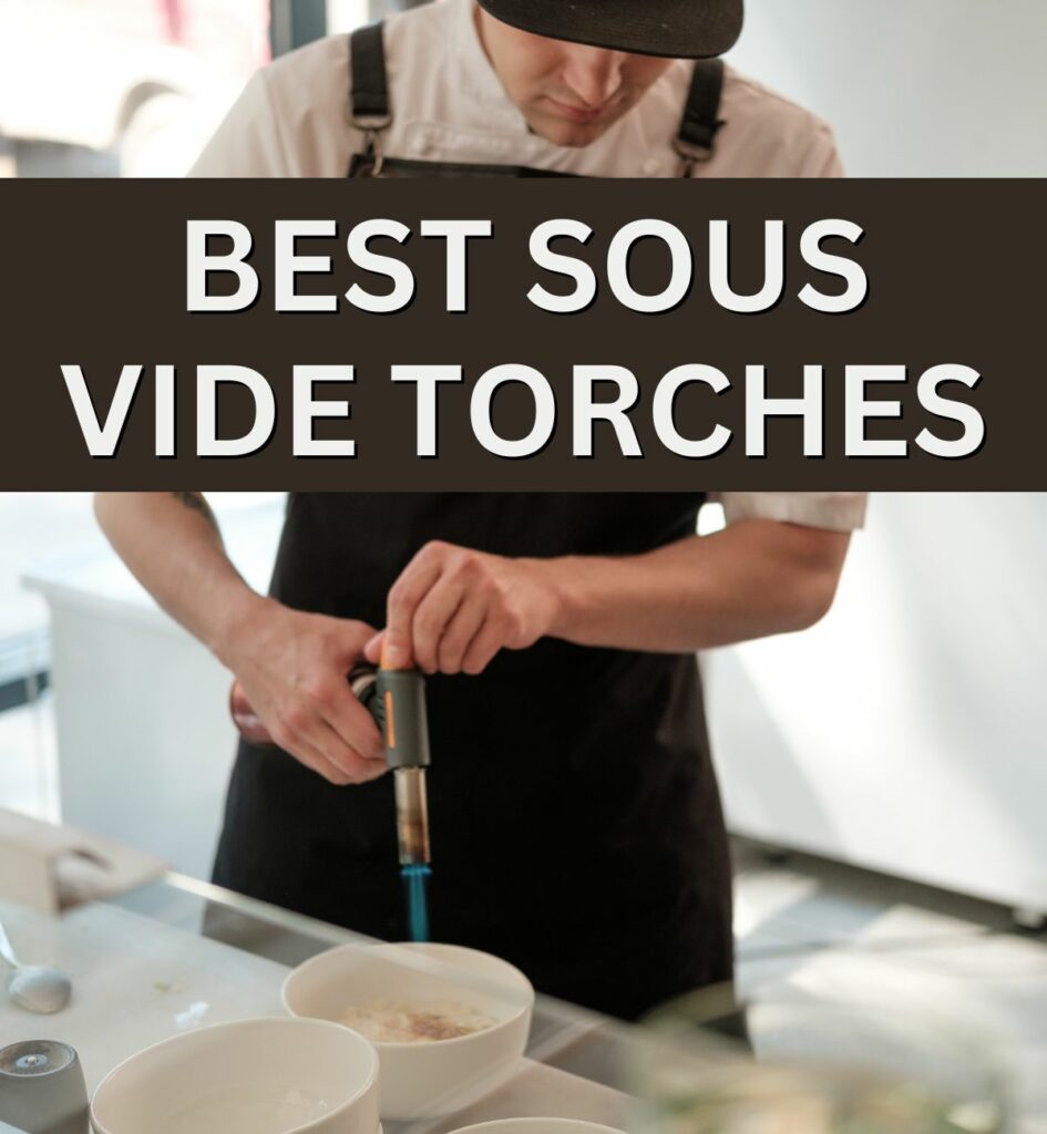 man uses a torch on a bowl of food with text overlay